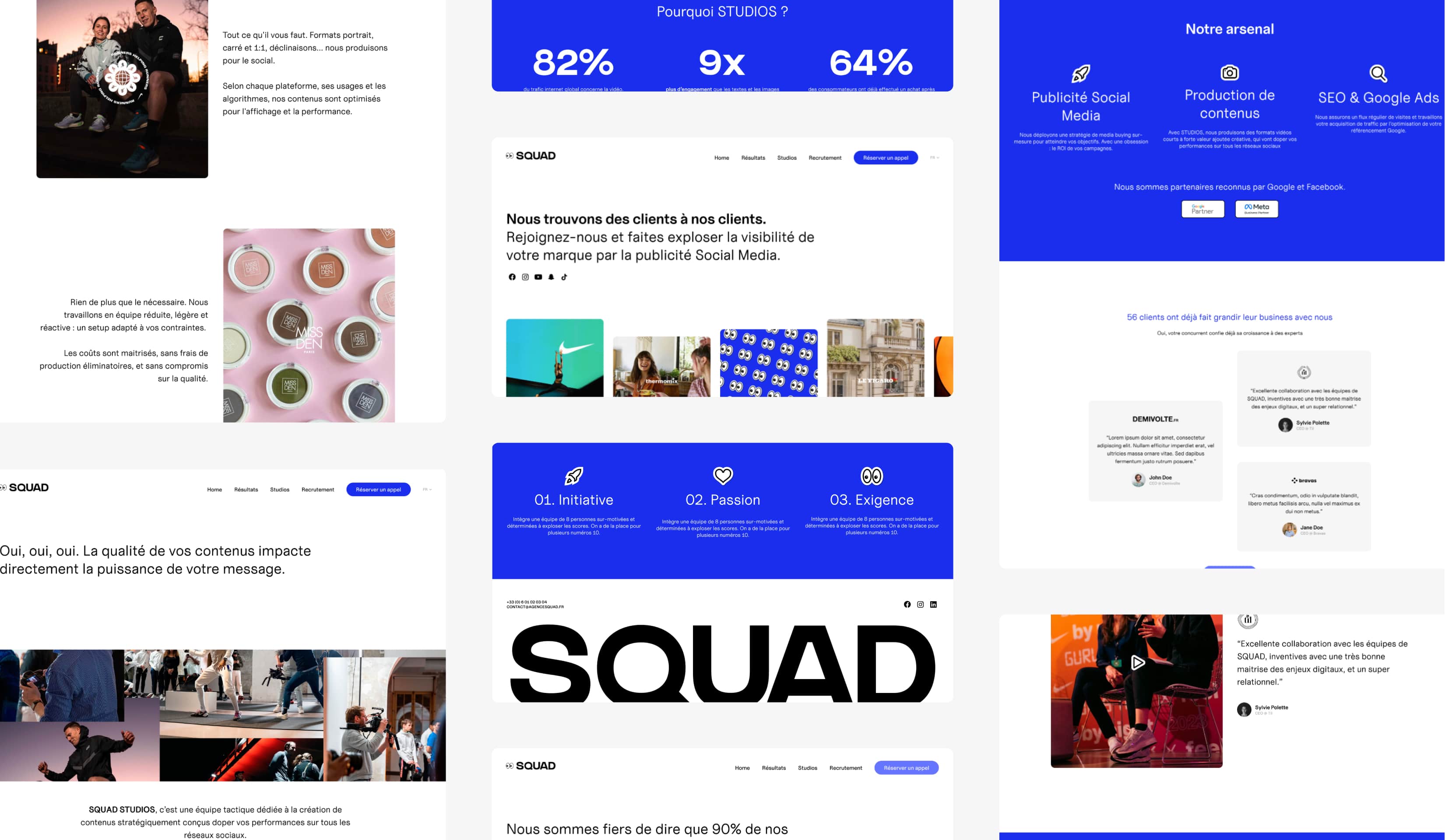 Squad Media's overview, showing different pages of the website